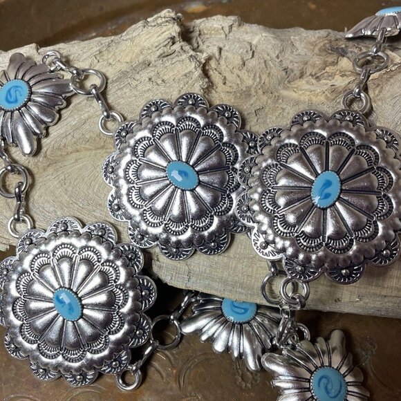 Spring Boho EASTER Gift Southwest Silver Chain belt adjustable 48” Turquoise - Picture 2 of 16